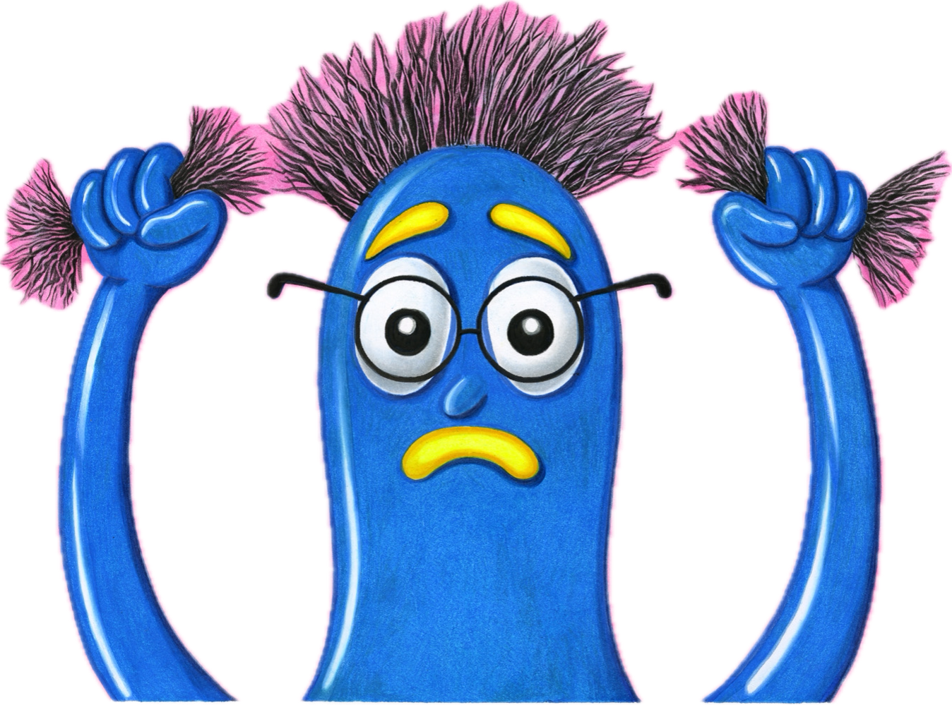 Horny — Matt Furie's blue character pulling pink hair in despair